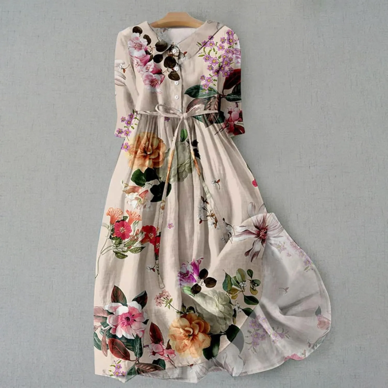 Women Retro Boho Floral Print Cotton Linen Dress Lapel Button 3/4 Sleeve Casual Midi Shirt Dresses Summer Pleated Dress