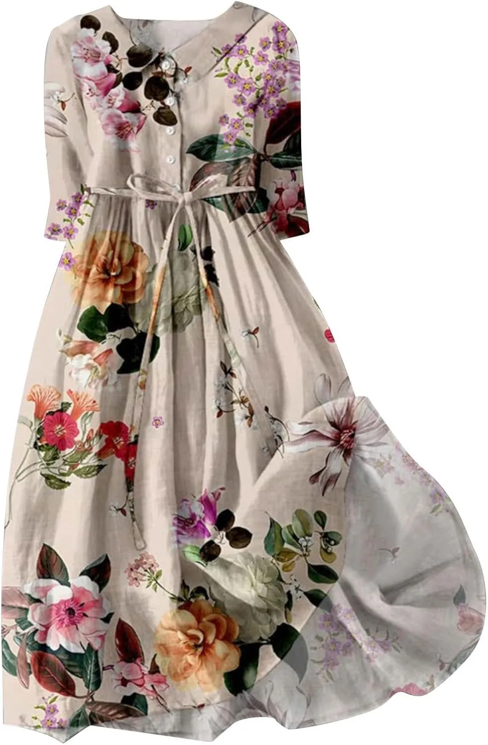 Women Retro Boho Floral Print Cotton Linen Dress Lapel Button 3/4 Sleeve Casual Midi Shirt Dresses Summer Pleated Dress
