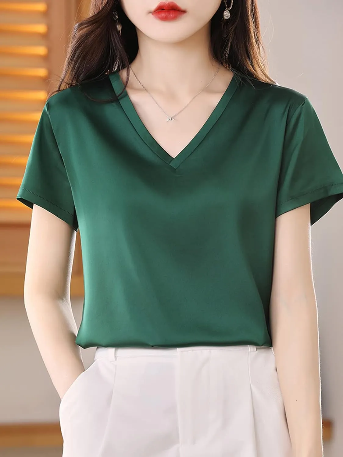 Women Silk Short Sleeve T-Shirt Exquisite V-Neck Satin Top