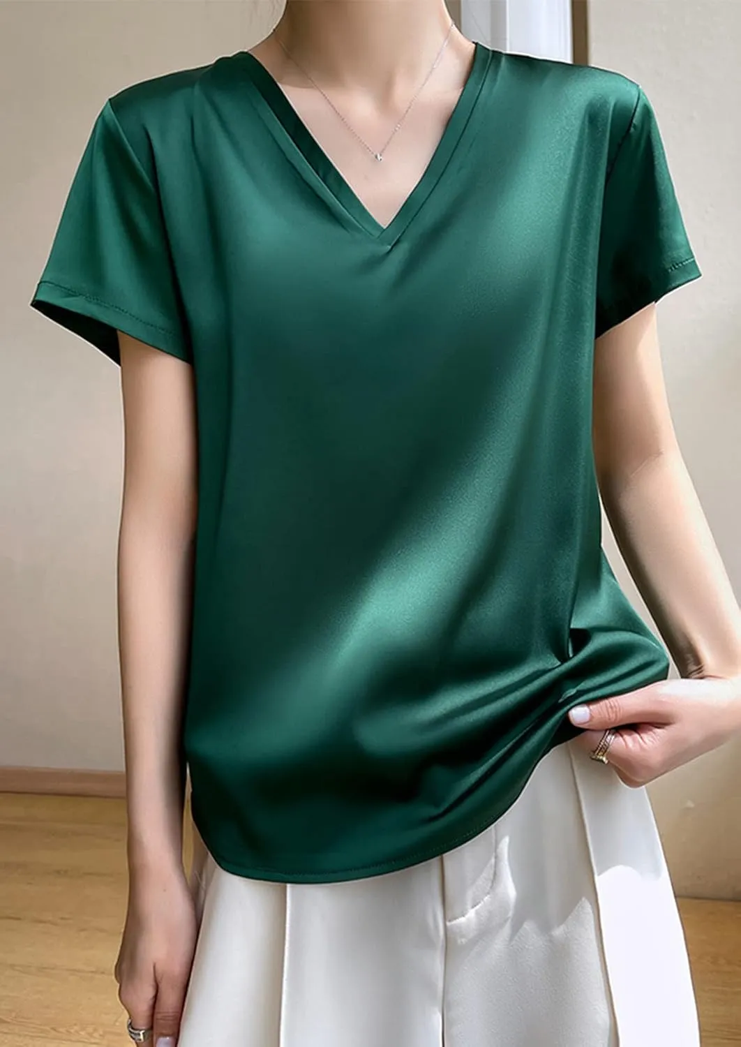 Women Silk Short Sleeve T-Shirt Exquisite V-Neck Satin Top