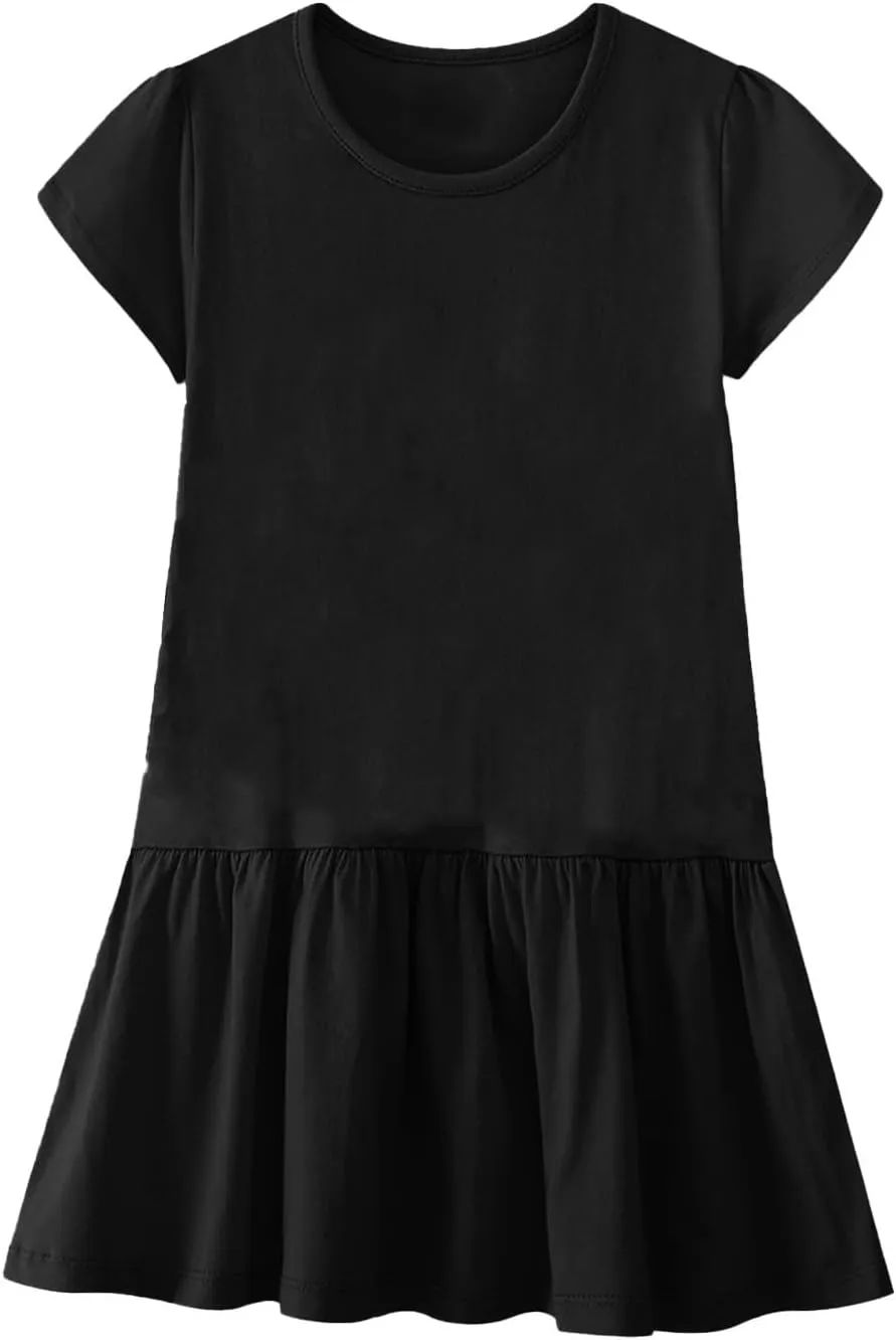 Women Summer Casual Dresses Ruffle Hem Petal Short Sleeve Loose Swing Tunic Mini Dress Sporty Sweatshirt Trendy Tshirt Dress