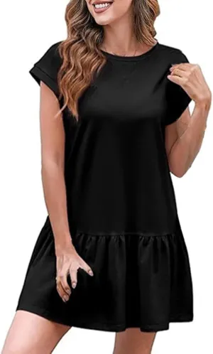 Women Summer Casual Dresses Ruffle Hem Petal Short Sleeve Loose Swing Tunic Mini Dress Sporty Sweatshirt Trendy Tshirt Dress