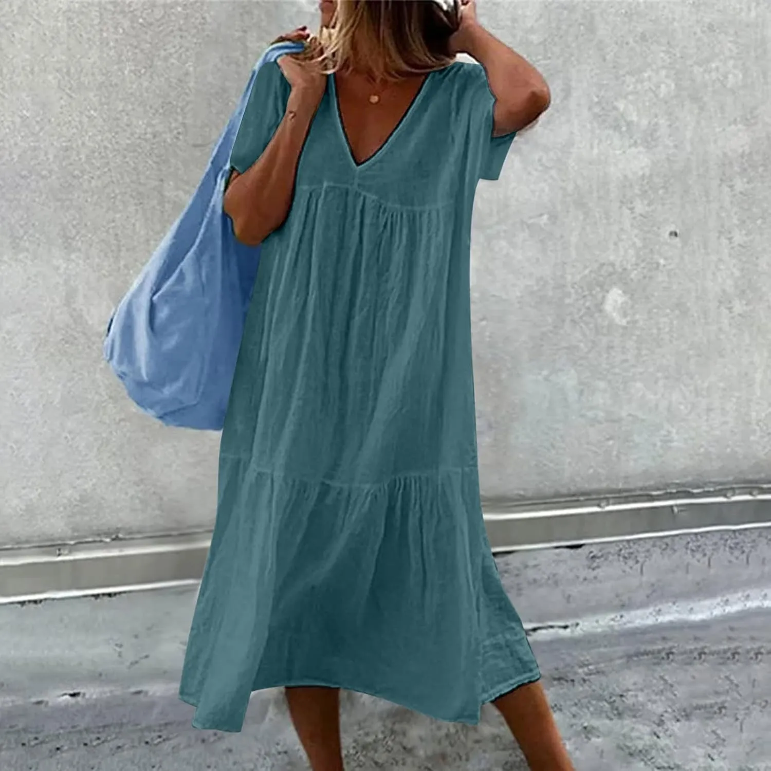 Women Summer Casual Dresses Short Sleeve V Neck Midi Tshirts Dress Flowy Tiered Beach Vacation Sundress 2024 Outfits