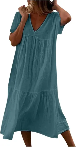 Women Summer Casual Dresses Short Sleeve V Neck Midi Tshirts Dress Flowy Tiered Beach Vacation Sundress 2024 Outfits