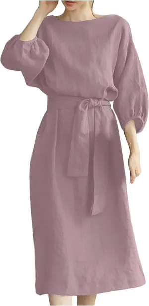 Women Summer Dresses Dressy Casual Loose Lantern 3/4 Sleeve Midi Dress Boat Neck Tie Waist Plus Size T Shirt Dress