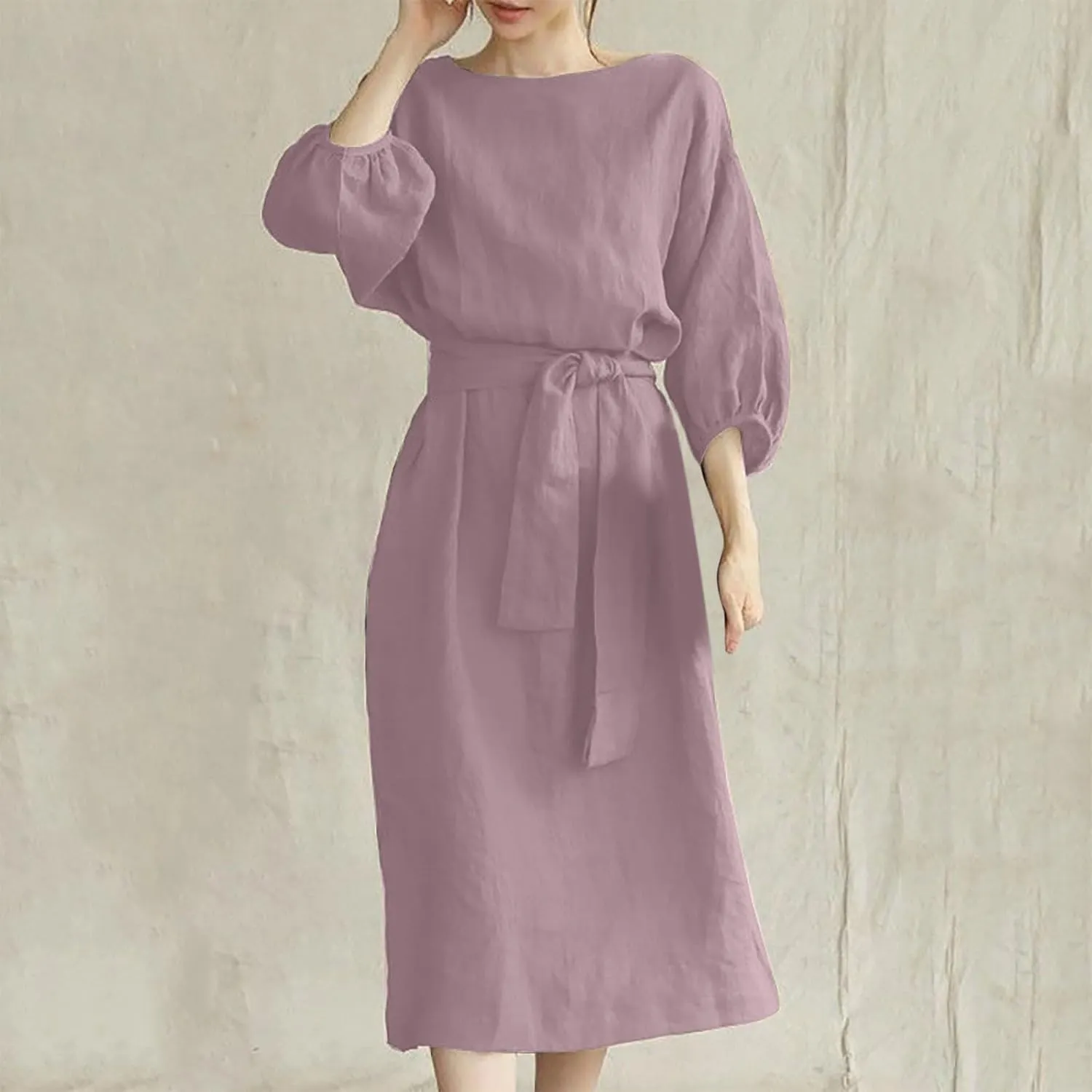 Women Summer Dresses Dressy Casual Loose Lantern 3/4 Sleeve Midi Dress Boat Neck Tie Waist Plus Size T Shirt Dress