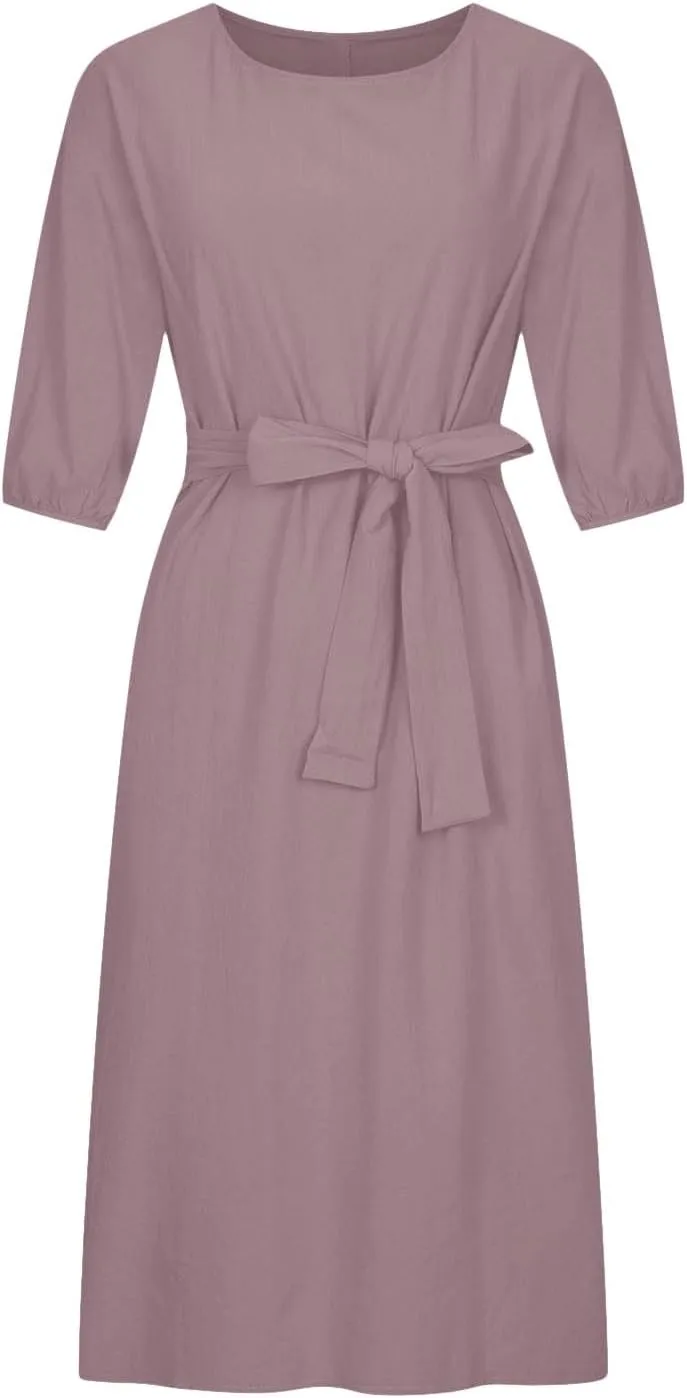 Women Summer Dresses Dressy Casual Loose Lantern 3/4 Sleeve Midi Dress Boat Neck Tie Waist Plus Size T Shirt Dress