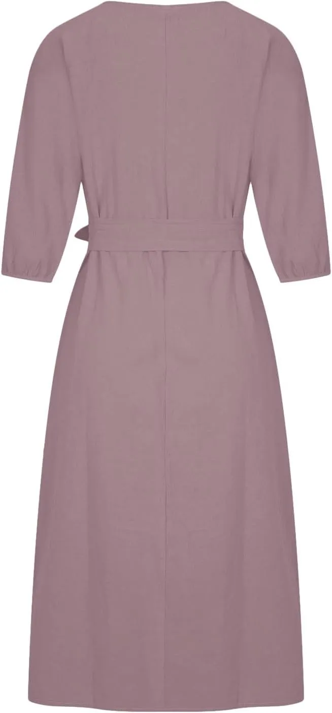 Women Summer Dresses Dressy Casual Loose Lantern 3/4 Sleeve Midi Dress Boat Neck Tie Waist Plus Size T Shirt Dress