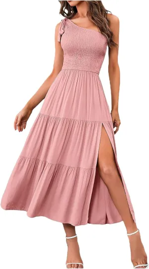 Women Summer Maxi Dress One Shoulder Sleeveless Knot Smocked Dresses Casual Split Tiered Flowy Long Sundress