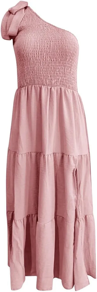 Women Summer Maxi Dress One Shoulder Sleeveless Knot Smocked Dresses Casual Split Tiered Flowy Long Sundress