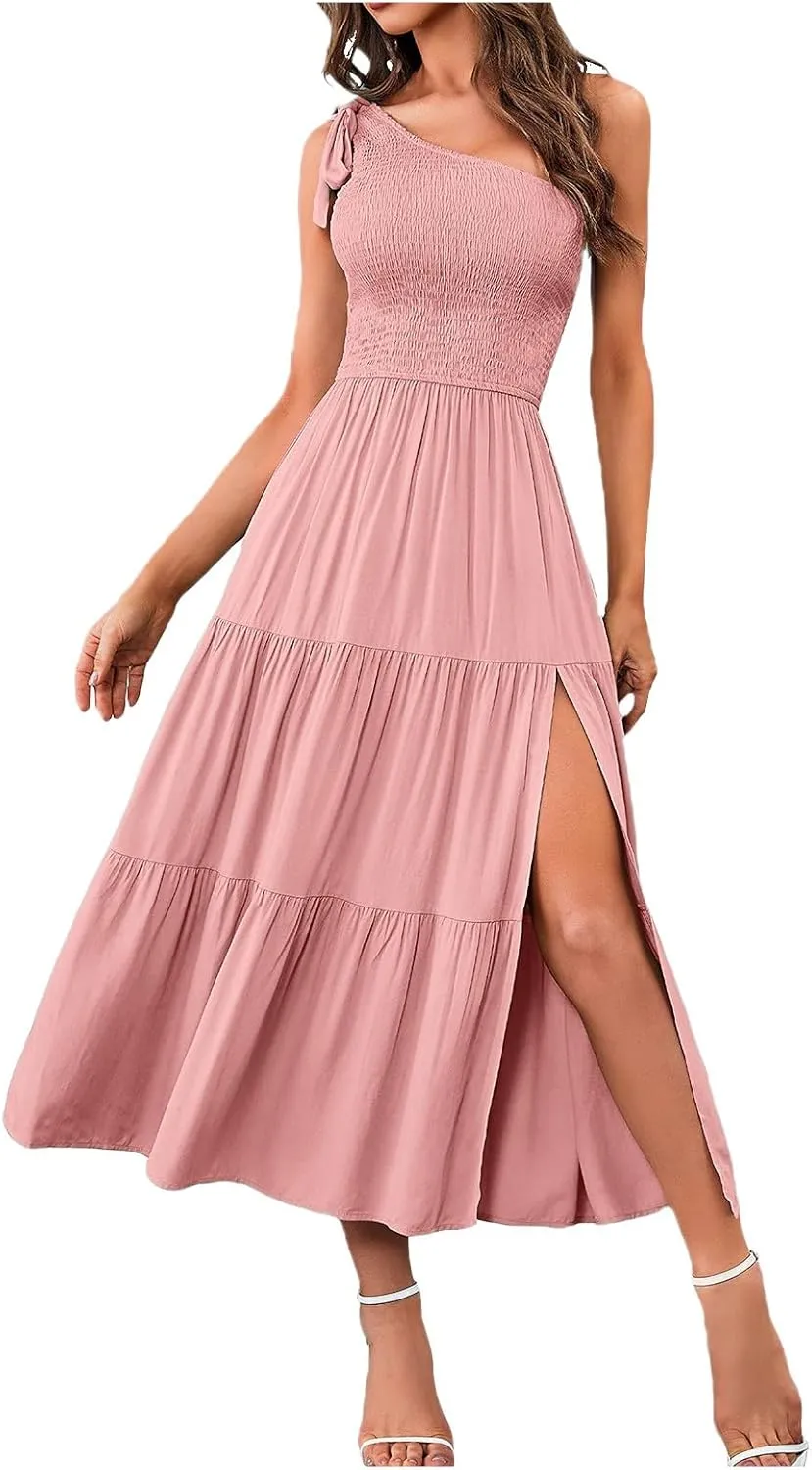 Women Summer Maxi Dress One Shoulder Sleeveless Knot Smocked Dresses Casual Split Tiered Flowy Long Sundress