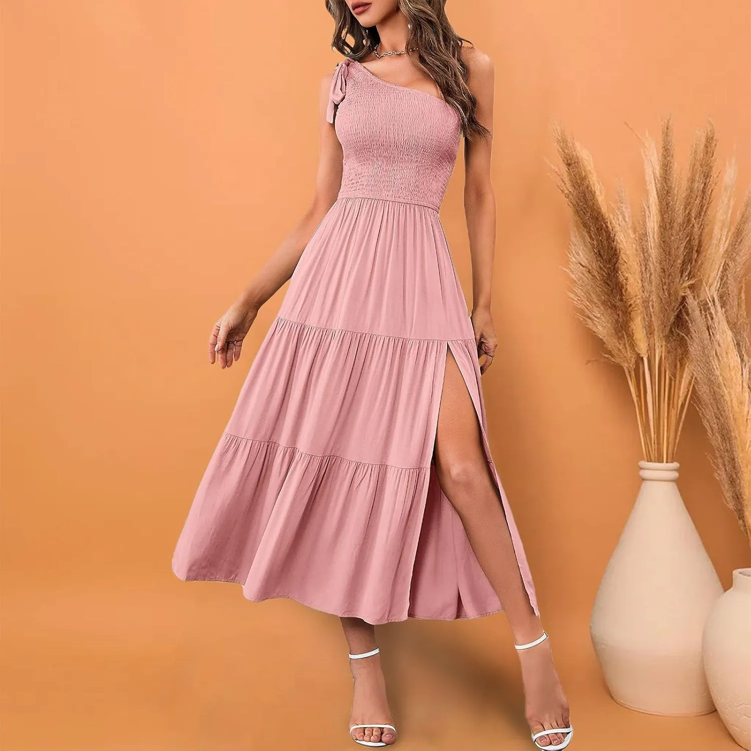 Women Summer Maxi Dress One Shoulder Sleeveless Knot Smocked Dresses Casual Split Tiered Flowy Long Sundress