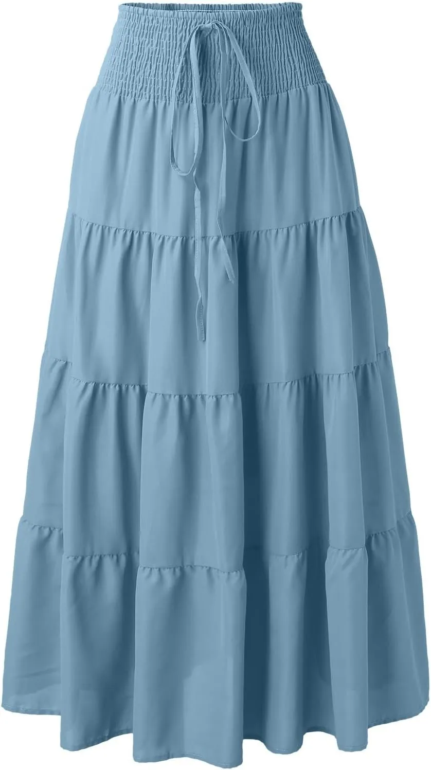 Women Summer Maxi Skirt Elastic High Waist Flowy Boho Casual Tiered Aline Long Beach Skirts 2024 Trendy Outfits