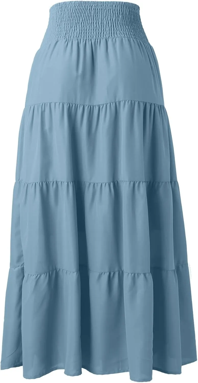 Women Summer Maxi Skirt Elastic High Waist Flowy Boho Casual Tiered Aline Long Beach Skirts 2024 Trendy Outfits