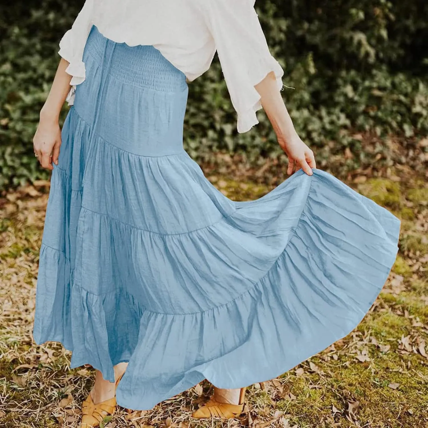 Women Summer Maxi Skirt Elastic High Waist Flowy Boho Casual Tiered Aline Long Beach Skirts 2024 Trendy Outfits