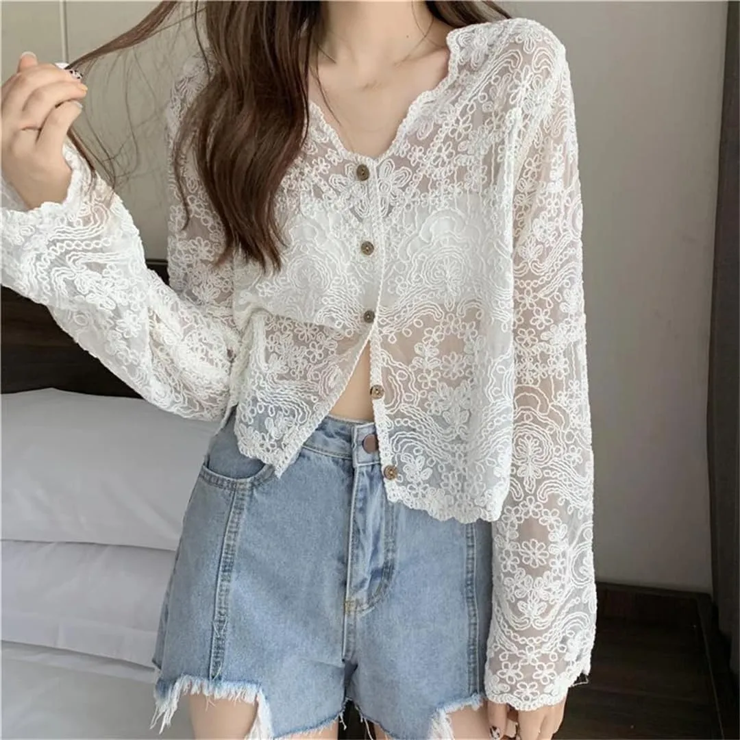 Women Vintage Lace Blouse Sheer Long Sleeve Cardigan Vacation Buttons Casual Top
