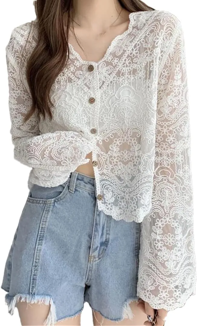Women Vintage Lace Blouse Sheer Long Sleeve Cardigan Vacation Buttons Casual Top