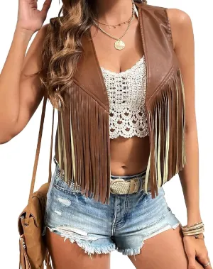 Women Western Leather Pu Fringe Jacket v Neck Sleeveless Boho Tassel Cropped Cardigan 70s Hippie Outwear Vest