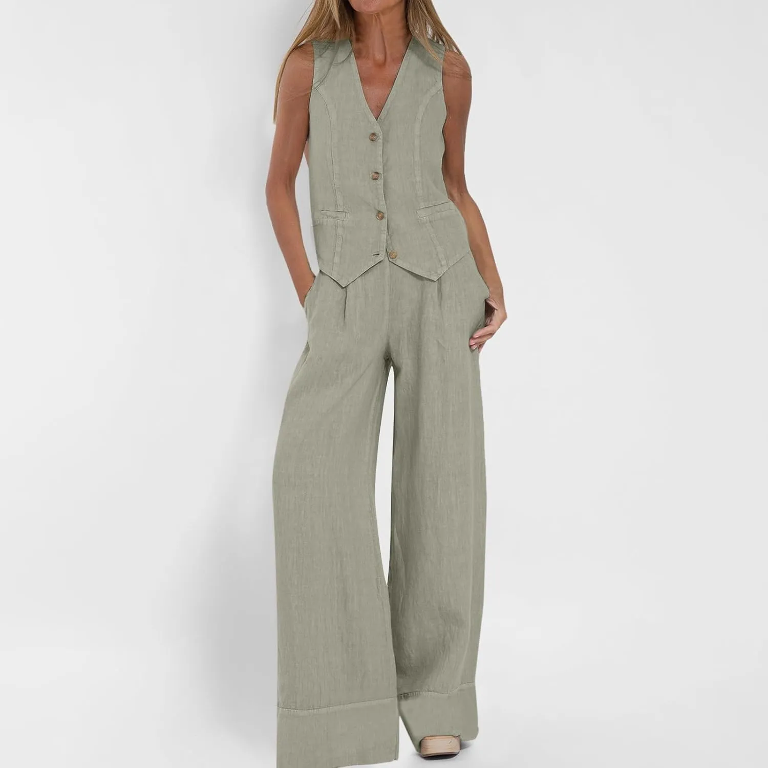 Women's 2 Piece Outfits, Sleeveless Cotton Tailored Blazer Suit Vest and Wide Leg Pant Business Button V Neck Sets