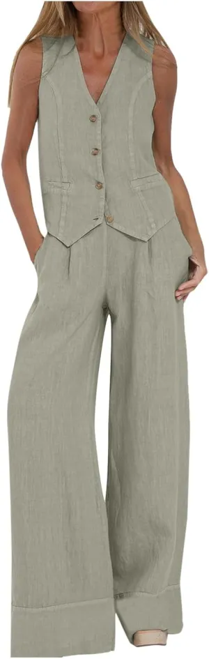 Women's 2 Piece Outfits, Sleeveless Cotton Tailored Blazer Suit Vest and Wide Leg Pant Business Button V Neck Sets