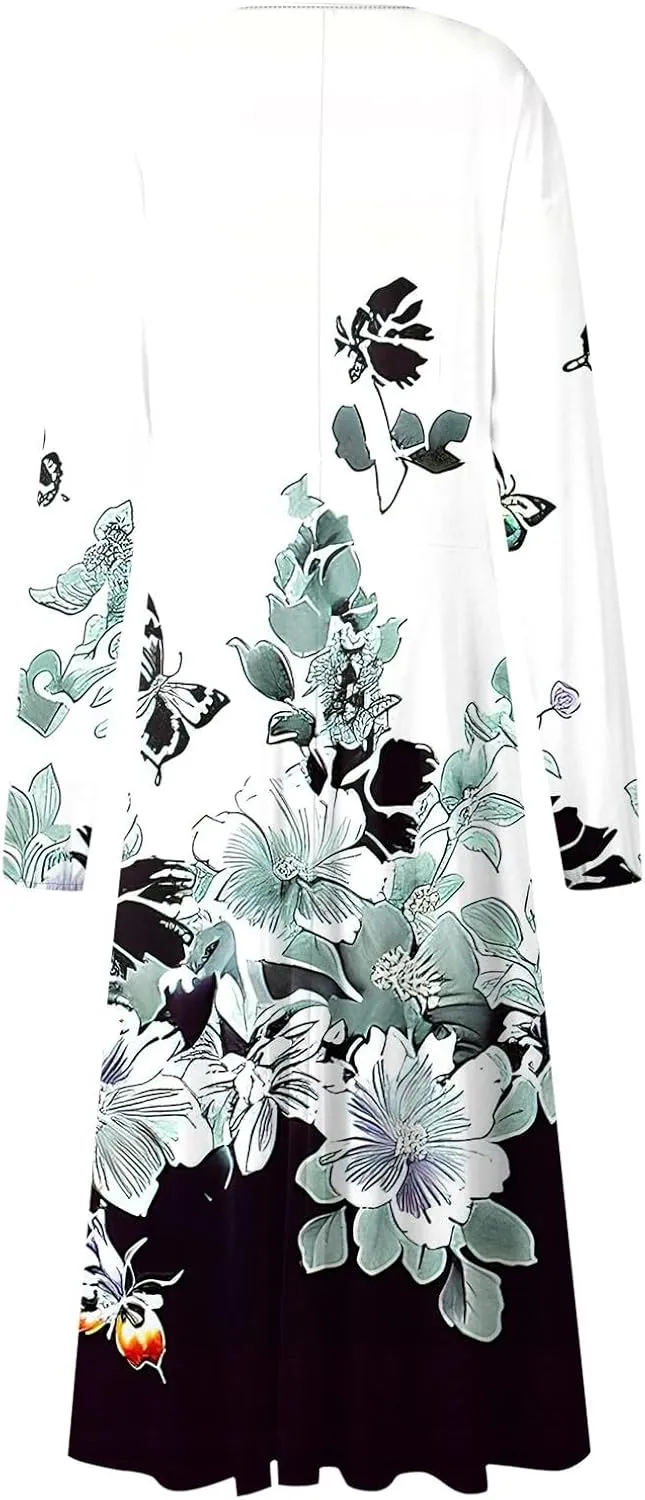 Women's 2025 Spring Fall Dress Casual Long Sleeve V Neck A Line Flowy Dresses Vacation Loose Resort Wear