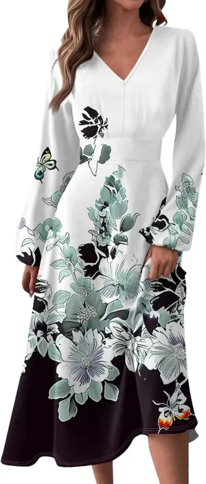 Women's 2025 Spring Fall Dress Casual Long Sleeve V Neck A Line Flowy Dresses Vacation Loose Resort Wear