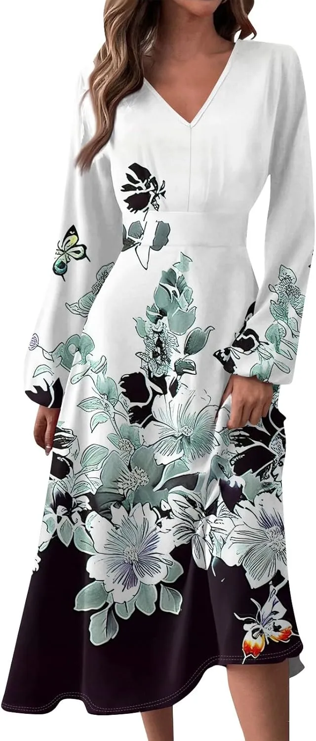 Women's 2025 Spring Fall Dress Casual Long Sleeve V Neck A Line Flowy Dresses Vacation Loose Resort Wear