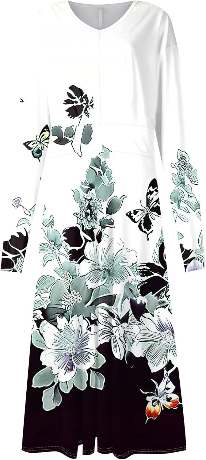 Women's 2025 Spring Fall Dress Casual Long Sleeve V Neck A Line Flowy Dresses Vacation Loose Resort Wear