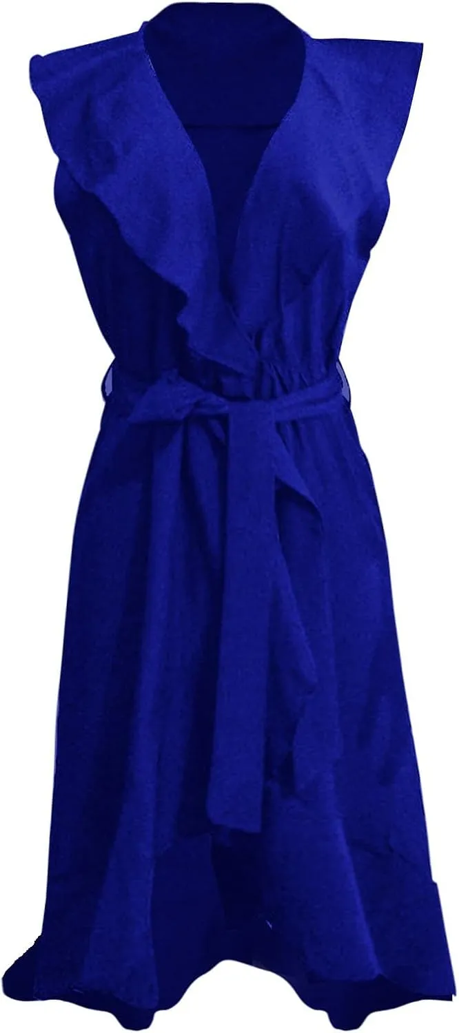 Women's 2025 Summer Wrap Midi Dress Casual Boho Deep V Neck Cocktail Dress Short Sleeve Ruffle Hem Split Beach Long Dresses