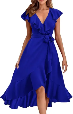 Women's 2025 Summer Wrap Midi Dress Casual Boho Deep V Neck Cocktail Dress Short Sleeve Ruffle Hem Split Beach Long Dresses