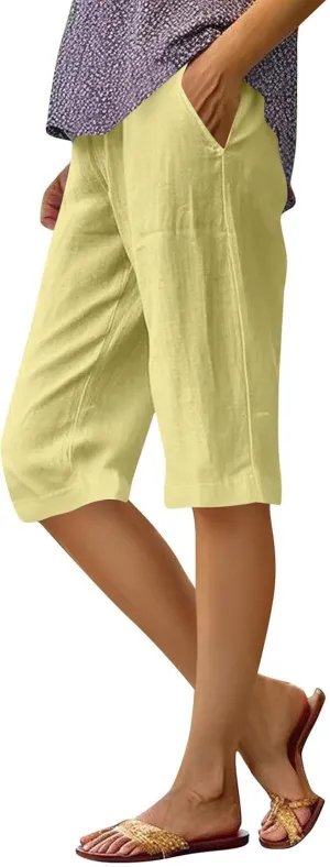 Women's Bermuda Shorts Lightweight Casual Cotton Linen Trouser Short Wide Leg 2025 Summer Beach Pants with Pockets