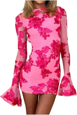 Women's Bodycon Mini Dress Fashion Crew Neck Ruffle Bell Long Sleeve Floral Applique Cocktail Party Club Short Dresses