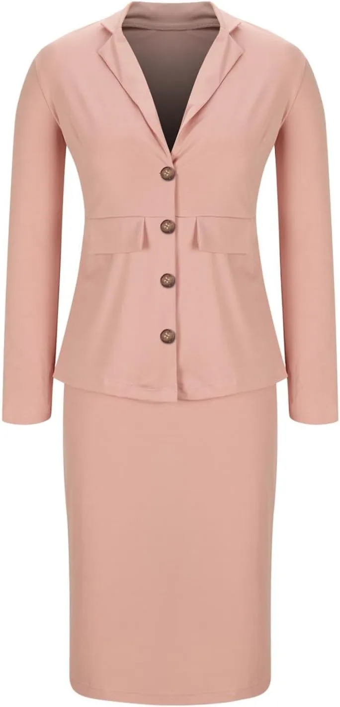 Women's Business Suit 2 Piece Long Sleeve Plus Size Skirt Suit Set Lady Blazer Office Work Slim Fit Jacket Outfit