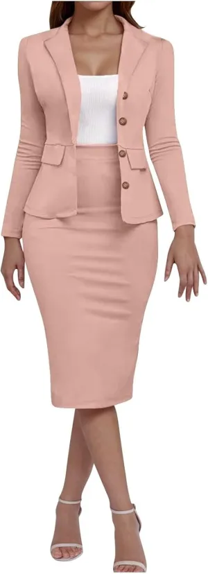 Women's Business Suit 2 Piece Long Sleeve Plus Size Skirt Suit Set Lady Blazer Office Work Slim Fit Jacket Outfit