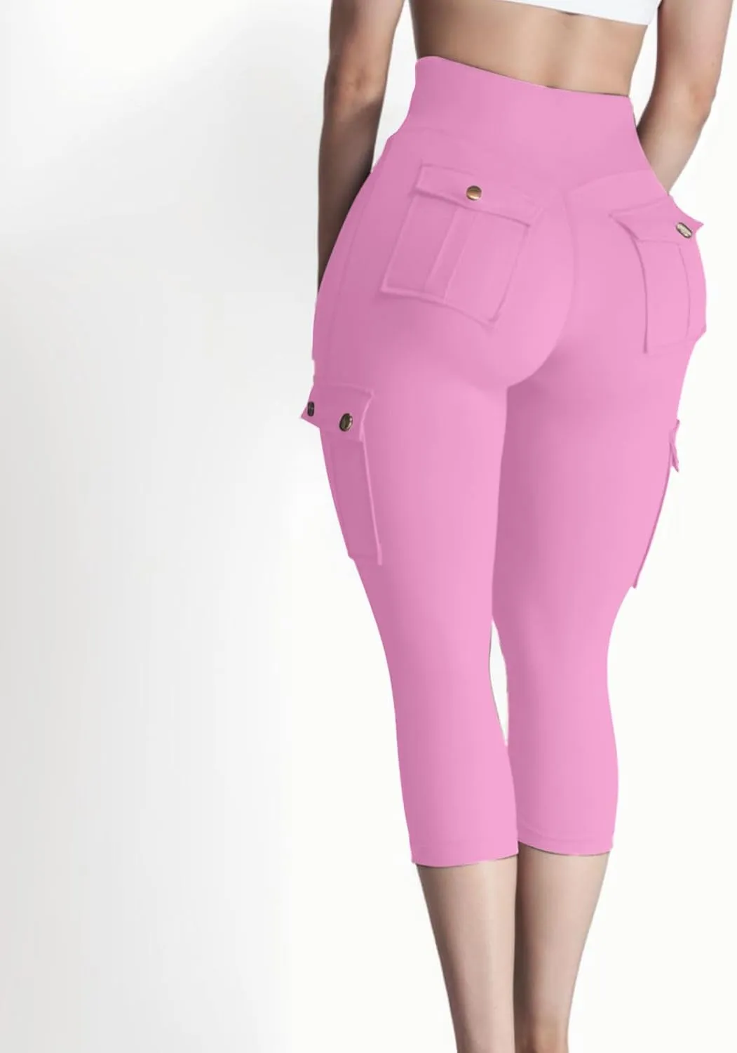 Women's Butt Lifting Biker Capri Cargo High Waist Flap Pocket Workout Capris Causal Athletic Gym Training Sweatpant