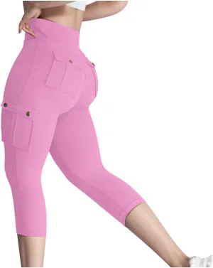 Women's Butt Lifting Biker Capri Cargo High Waist Flap Pocket Workout Capris Causal Athletic Gym Training Sweatpant