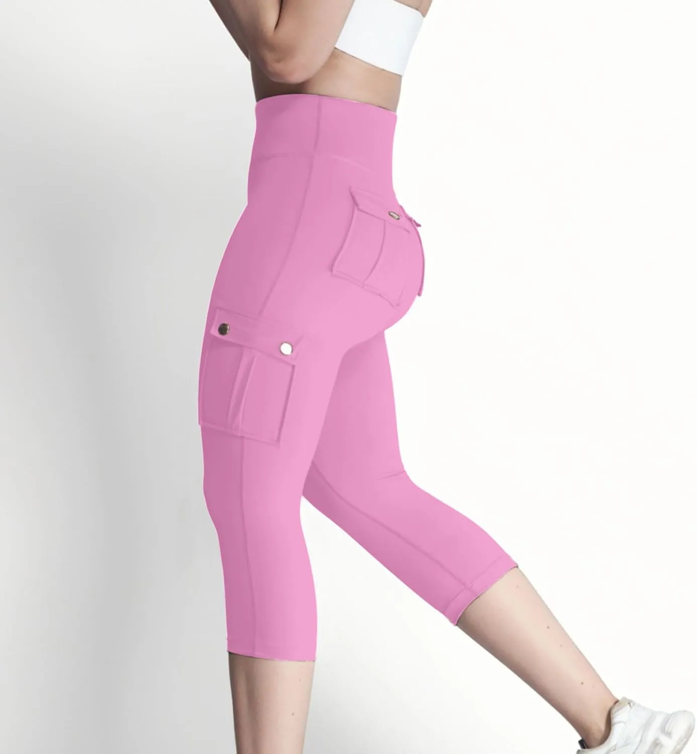Women's Butt Lifting Biker Capri Cargo High Waist Flap Pocket Workout Capris Causal Athletic Gym Training Sweatpant