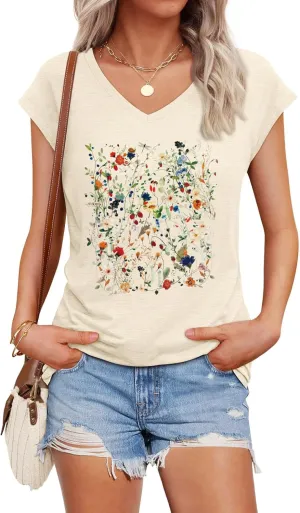 Womens Cap Sleeve Vintage Flowers V Neck Shirt Boho Floral Wildflowers Graphic Tees Funny Cottagecore Tops