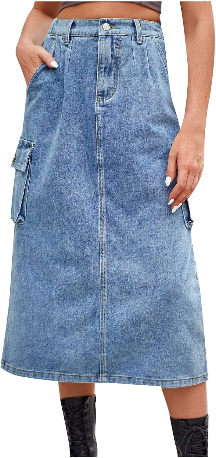 Women's Cargo Denim Skirt 2024 Fashion Button High Waisted Skirt Teen Girls Cute Loose Straight Going Out Jean Skirt