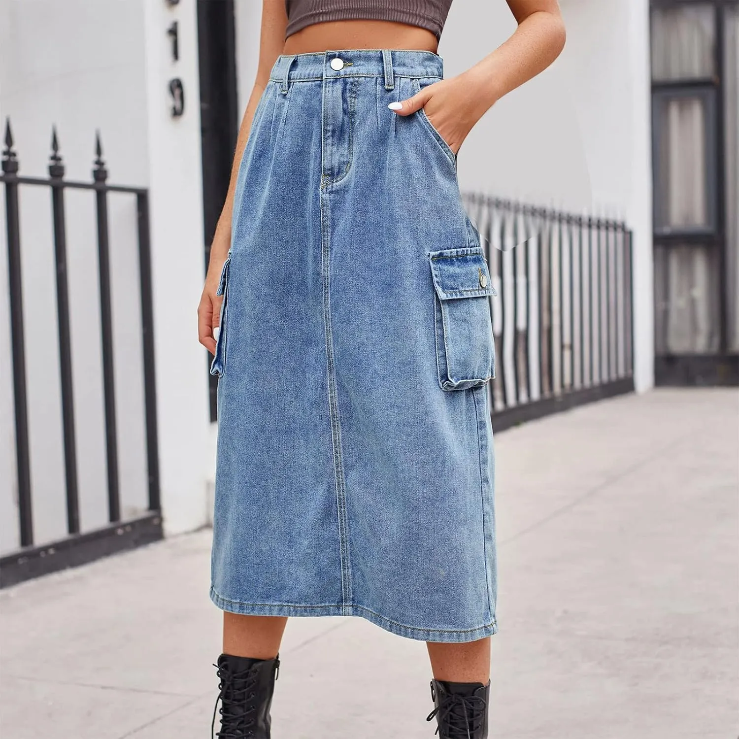 Women's Cargo Denim Skirt 2024 Fashion Button High Waisted Skirt Teen Girls Cute Loose Straight Going Out Jean Skirt