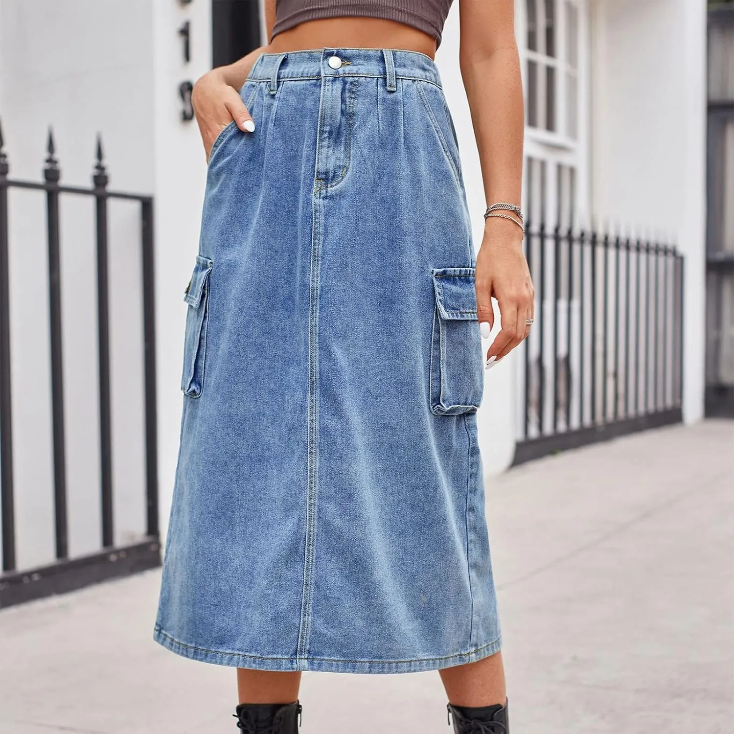 Women's Cargo Denim Skirt 2024 Fashion Button High Waisted Skirt Teen Girls Cute Loose Straight Going Out Jean Skirt