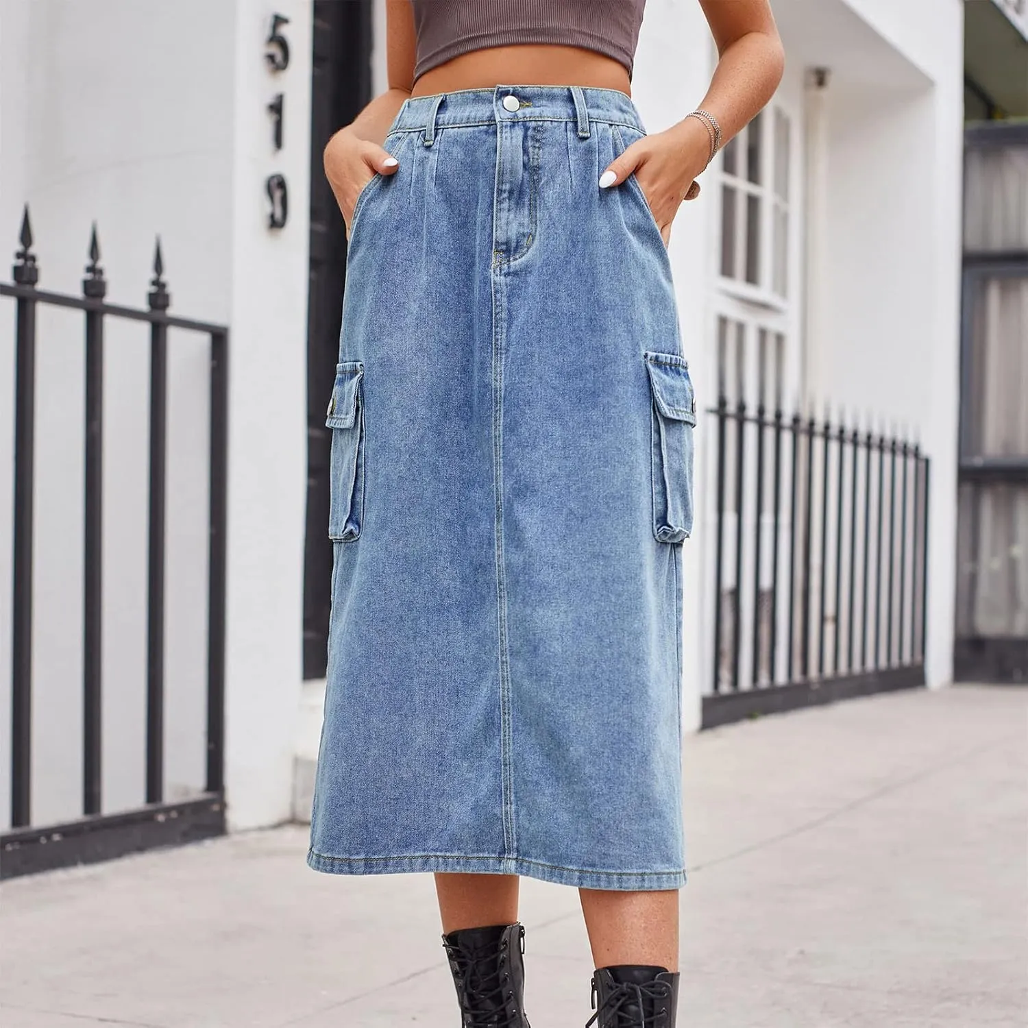 Women's Cargo Denim Skirt 2024 Fashion Button High Waisted Skirt Teen Girls Cute Loose Straight Going Out Jean Skirt