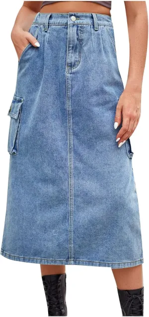 Women's Cargo Denim Skirt 2024 Fashion Button High Waisted Skirt Teen Girls Cute Loose Straight Going Out Jean Skirt