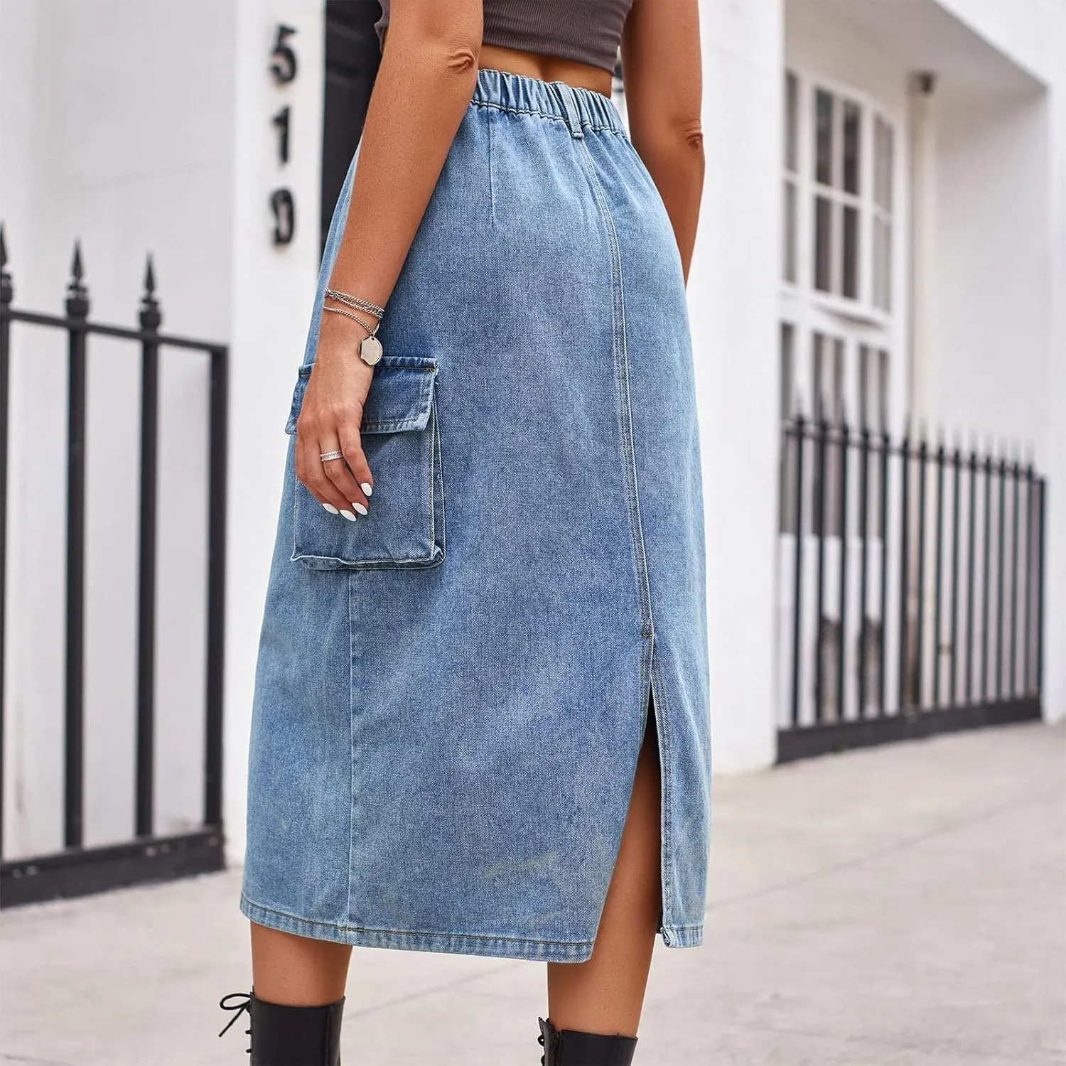 Women's Cargo Denim Skirt 2024 Fashion Button High Waisted Skirt Teen Girls Cute Loose Straight Going Out Jean Skirt