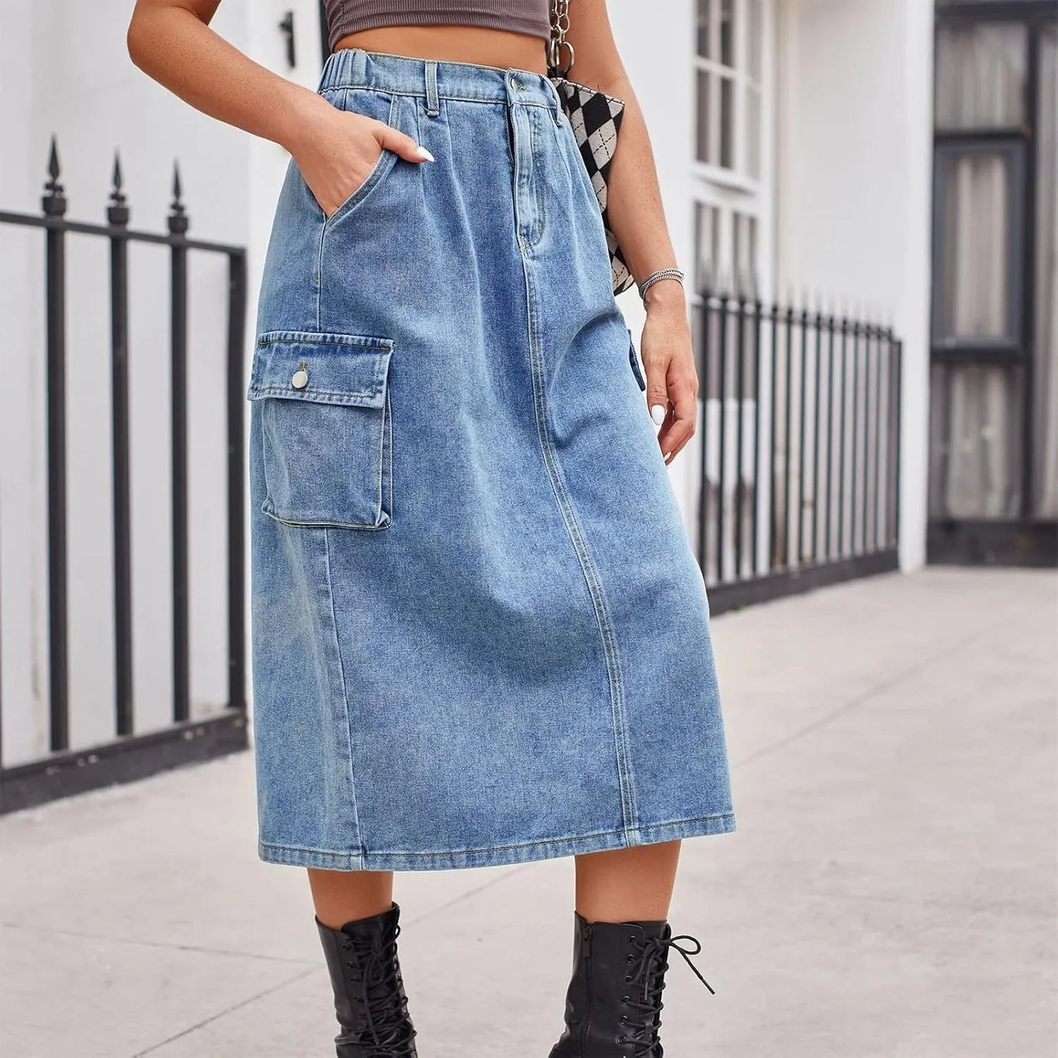 Women's Cargo Denim Skirt 2024 Fashion Button High Waisted Skirt Teen Girls Cute Loose Straight Going Out Jean Skirt