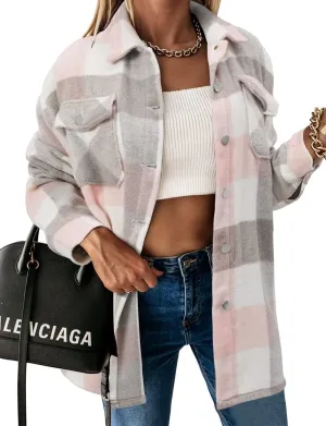 Women's Casual Long Sleeve Tops Fall Blouses Flannel Plaid Button-Down Shirt Jacket with Pockets