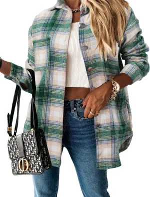 Women's Casual Long Sleeve Tops Fall Blouses Flannel Plaid Button-Down Shirt Jacket with Pockets