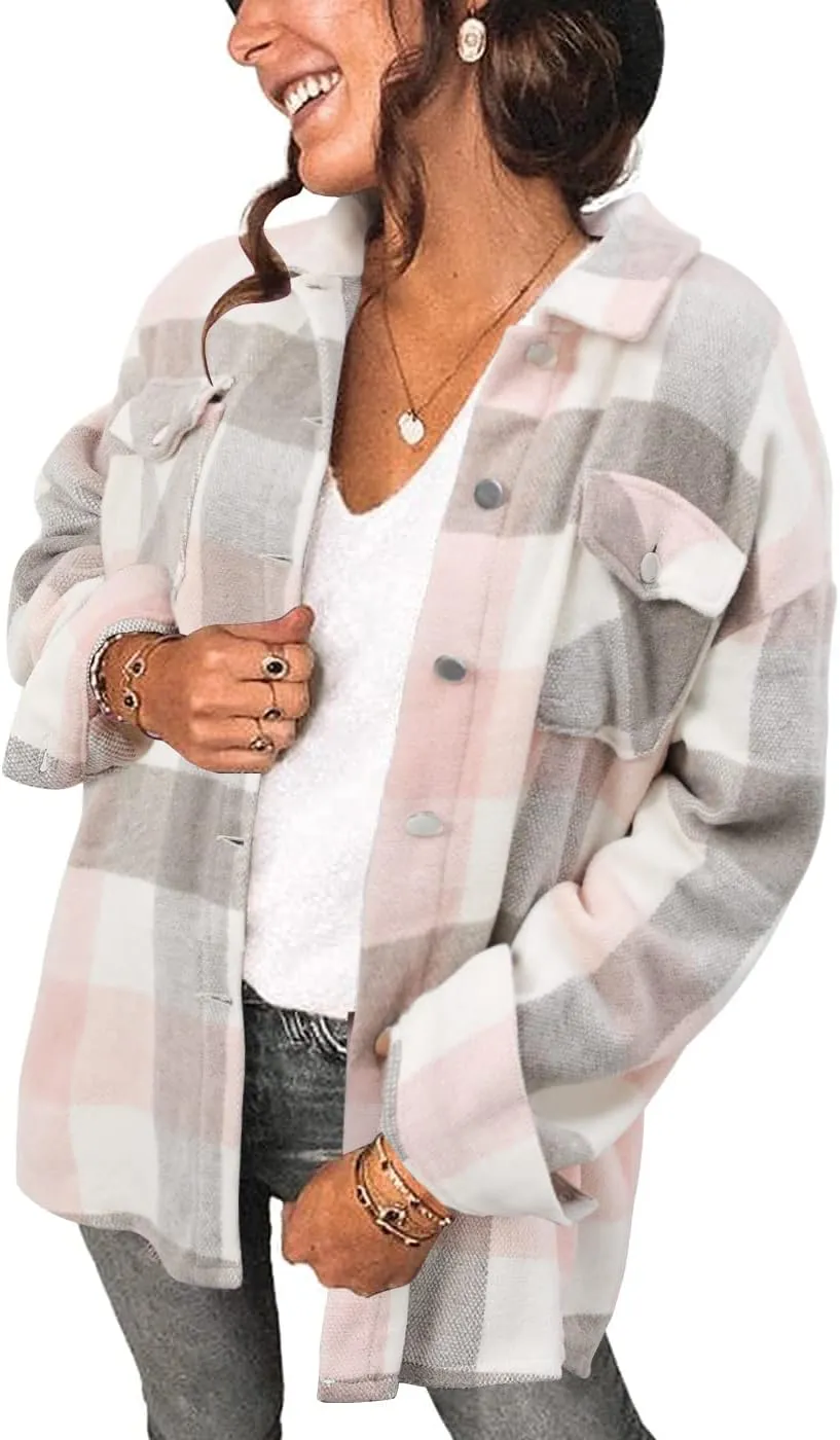 Women's Casual Long Sleeve Tops Fall Blouses Flannel Plaid Button-Down Shirt Jacket with Pockets