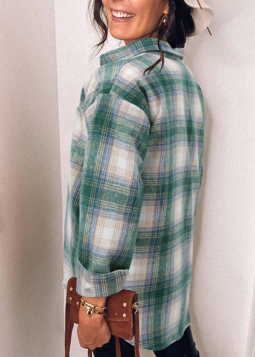 Women's Casual Long Sleeve Tops Fall Blouses Flannel Plaid Button-Down Shirt Jacket with Pockets
