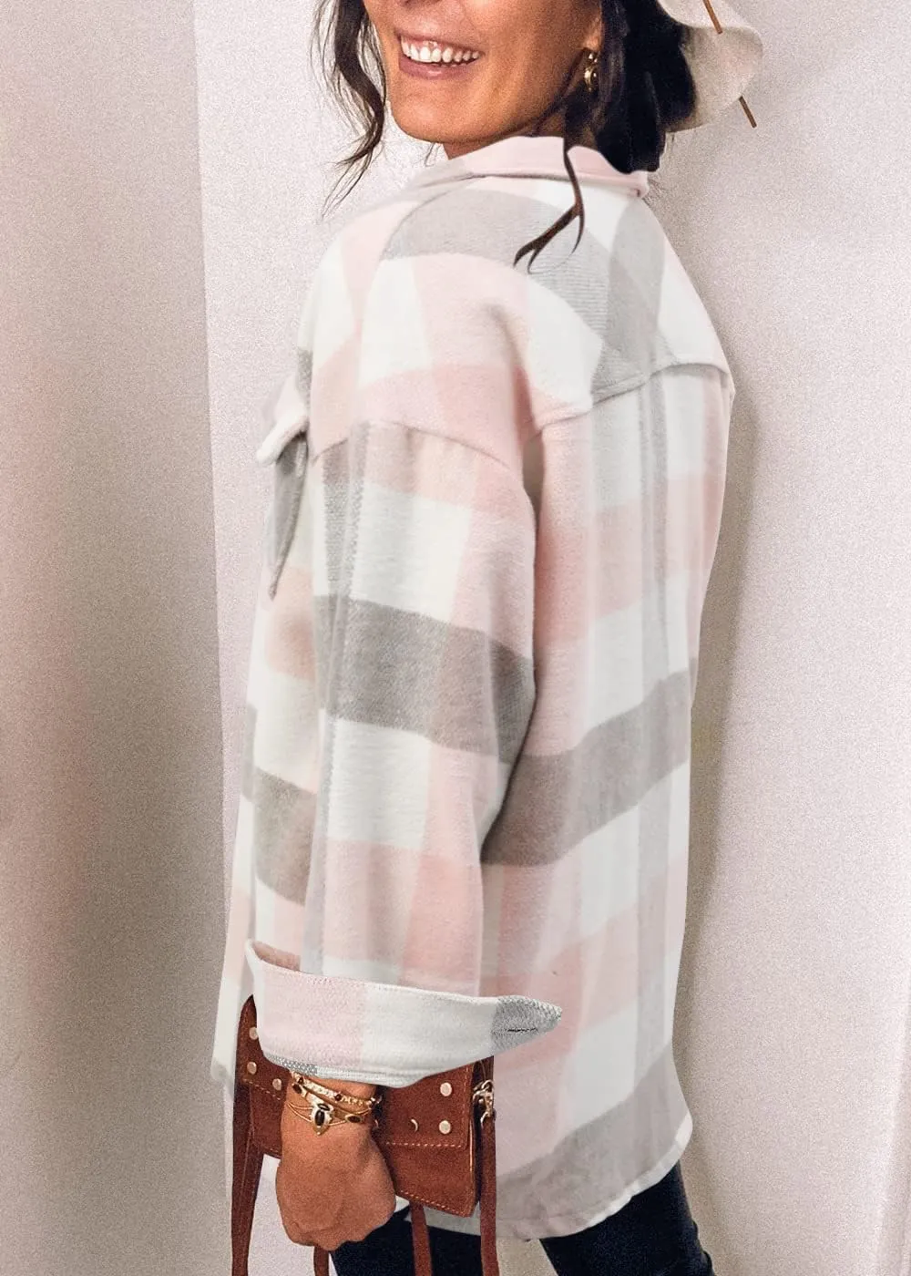 Women's Casual Long Sleeve Tops Fall Blouses Flannel Plaid Button-Down Shirt Jacket with Pockets